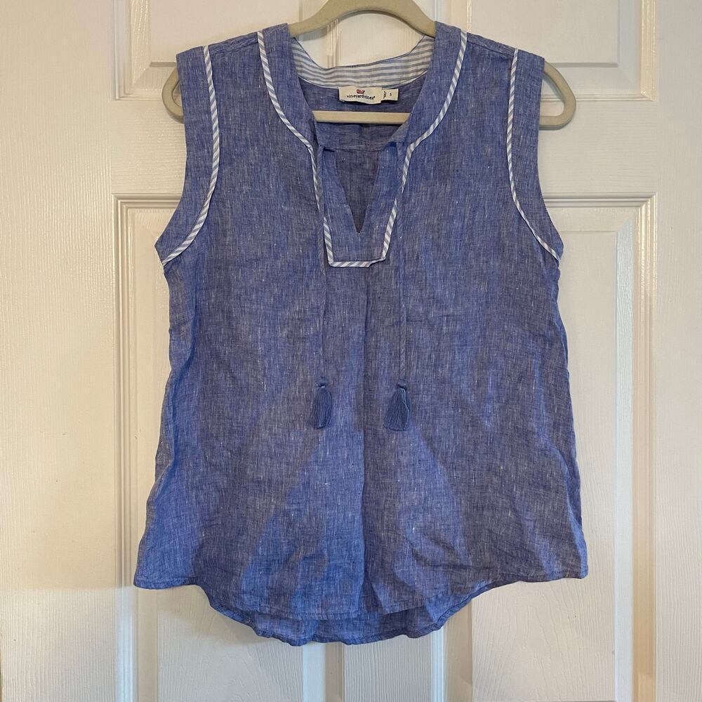 Vineyard Vines Women’s Small Blue Linen Notch Neck Popover Blouse.
